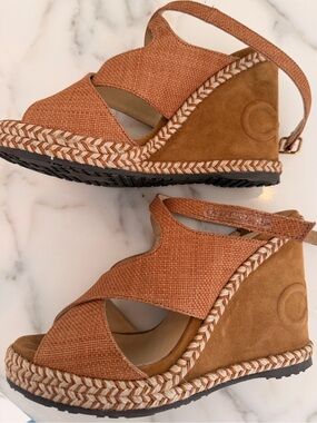 Jimmy Choo Coral-Tan Woven Espadrille Wedge Sandals